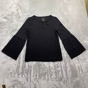 Chico's Black Stretch‎ Knit Top Crochet Inset Bell Sleeves Lace Keyhole Size 0
